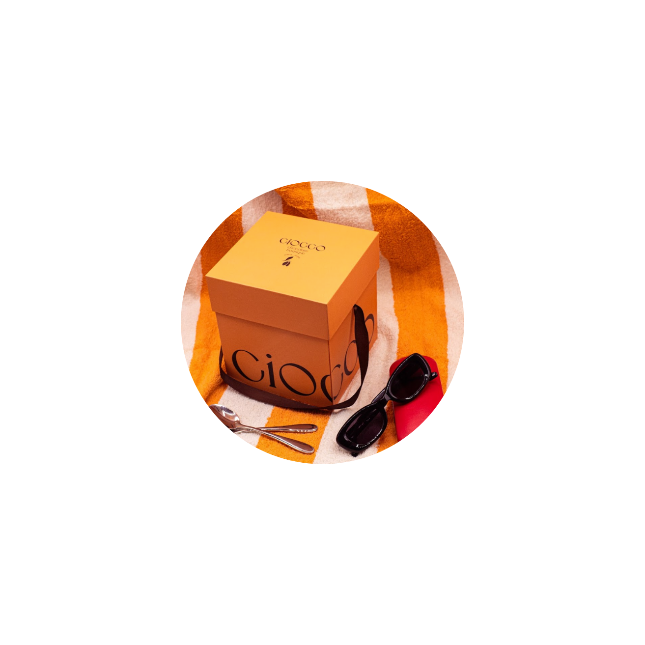 Ciocco Chocolate Cake box with sunglasses on a white background
